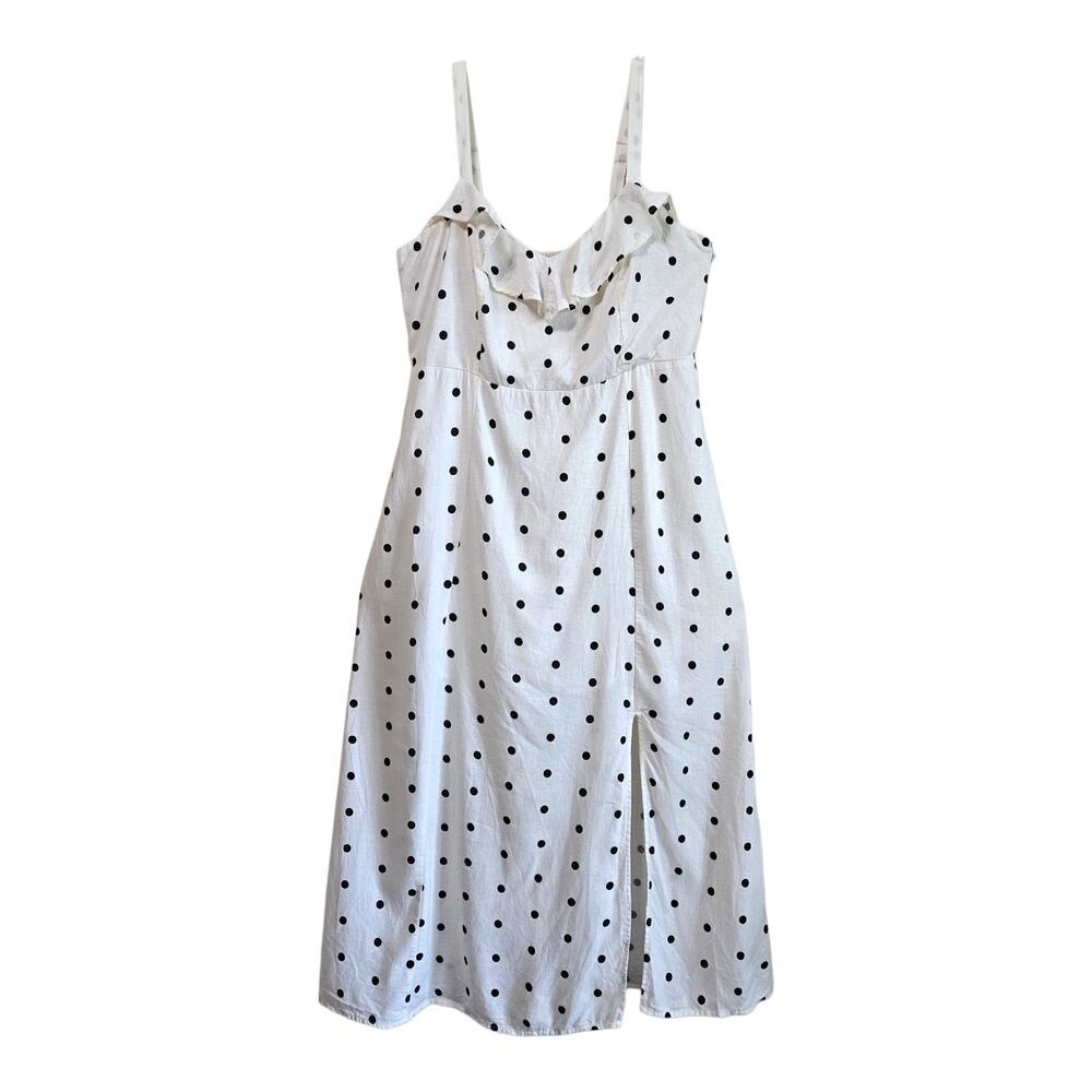 OLD NAVY Women's L Dress Midi / Maxi Cream Black Polka Dot Smocked Linen Blend